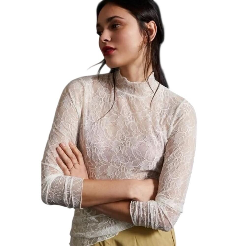 Anthropologie Cream Lace Sheer Long Sleeve Top Size Small Boho Whimsy